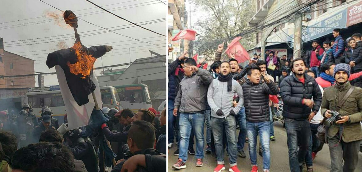 नेविसंघद्वारा प्रधानमन्त्री ओलीको पुत्ला दहन