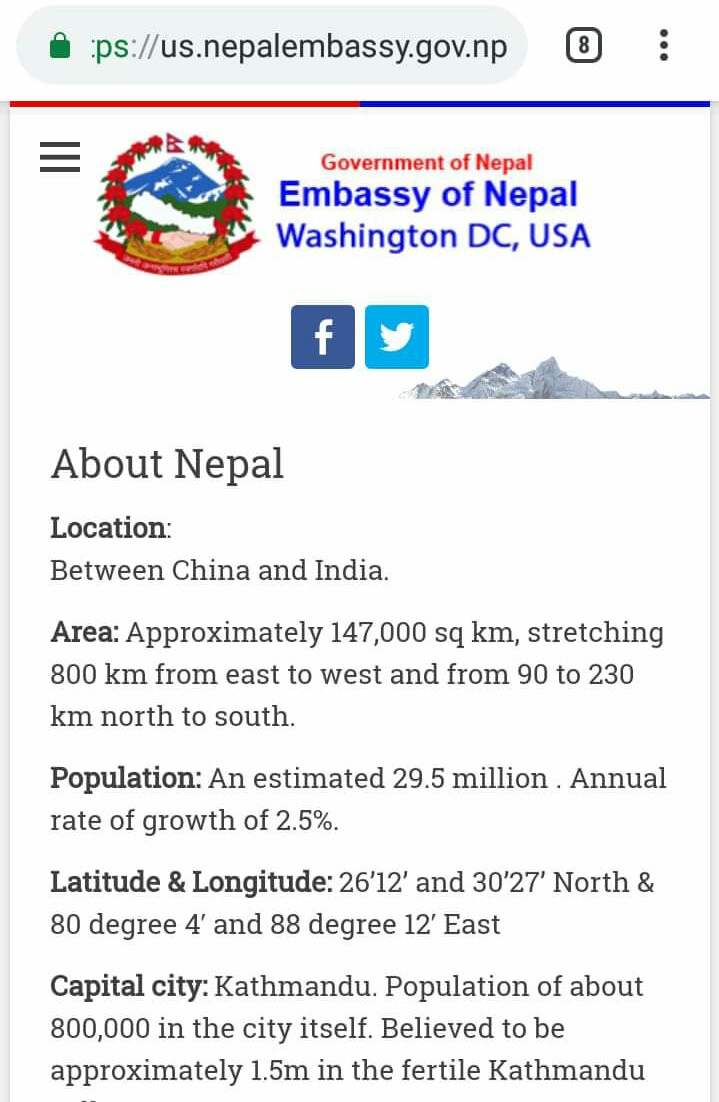 अमेरिका स्थित नेपाली दूतावासको वेब पृष्ठमा नेपालको क्षेत्र १ सय ८१ वर्ग कि.मि कम