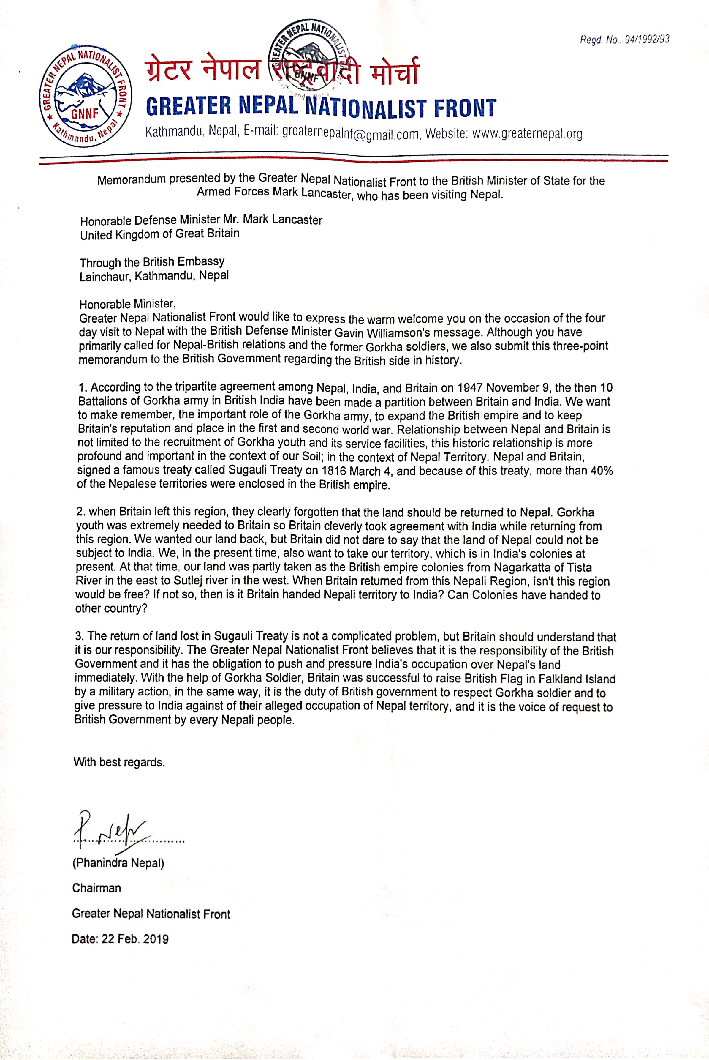 बेलायती रक्षा मन्त्रीसित ग्रेटर नेपाल माग