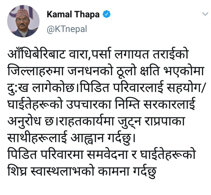 कमल थापाद्वारा राहत कार्यमा जुट्न कार्यकर्तामा आव्हान