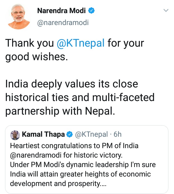 कमल थापाद्वारा नरेन्द्र मोदी बधाई, मोदीले दिए धन्यवाद