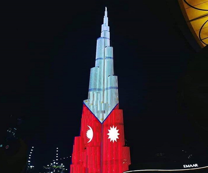 बुर्ज खलिफामा नेपालको झण्डा झिलमिलाइँदै