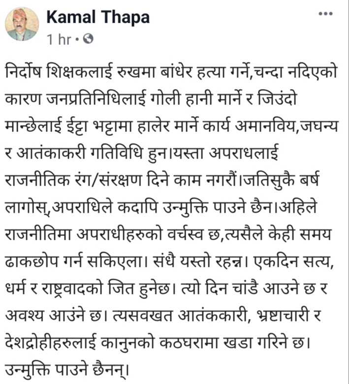'जिउँदो मान्छेलाई इँटाभट्टामा हाल्ने आतंककारी हुन्', संरक्षण दिने काम नगरौं: कमल थापा