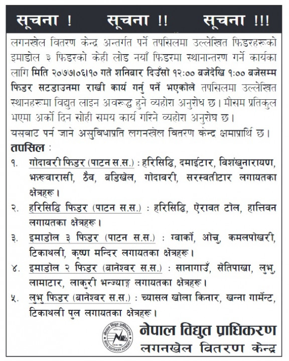 आज काठमाडौँका यी स्थानमा बिजुली जाने